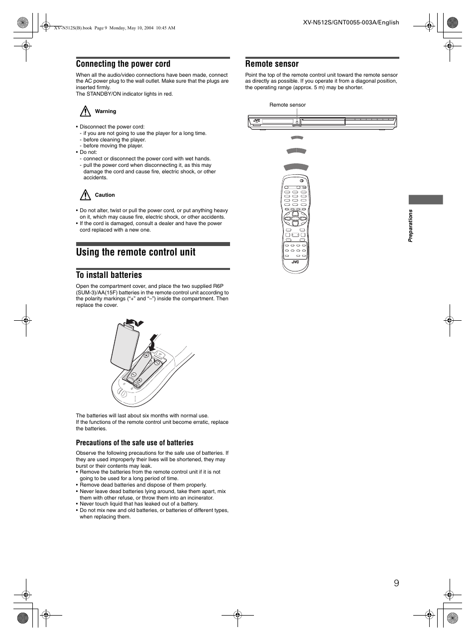 Using the remote control unit, Connecting the power cord, Remote sensor | JVC XV-N512S User Manual | Page 11 / 47