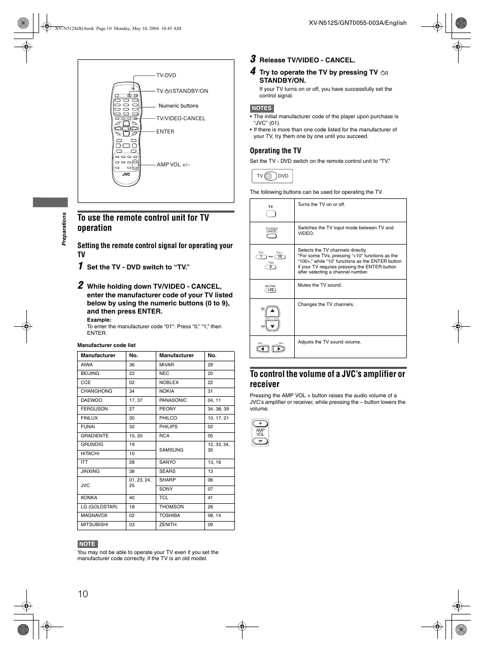 Operating the tv | JVC XV-N512S User Manual | Page 12 / 47