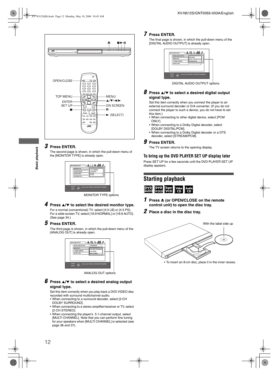 Starting playback 1, Press enter, Press 5 / ∞ to select the desired monitor type | Place a disc in the disc tray | JVC XV-N512S User Manual | Page 14 / 47