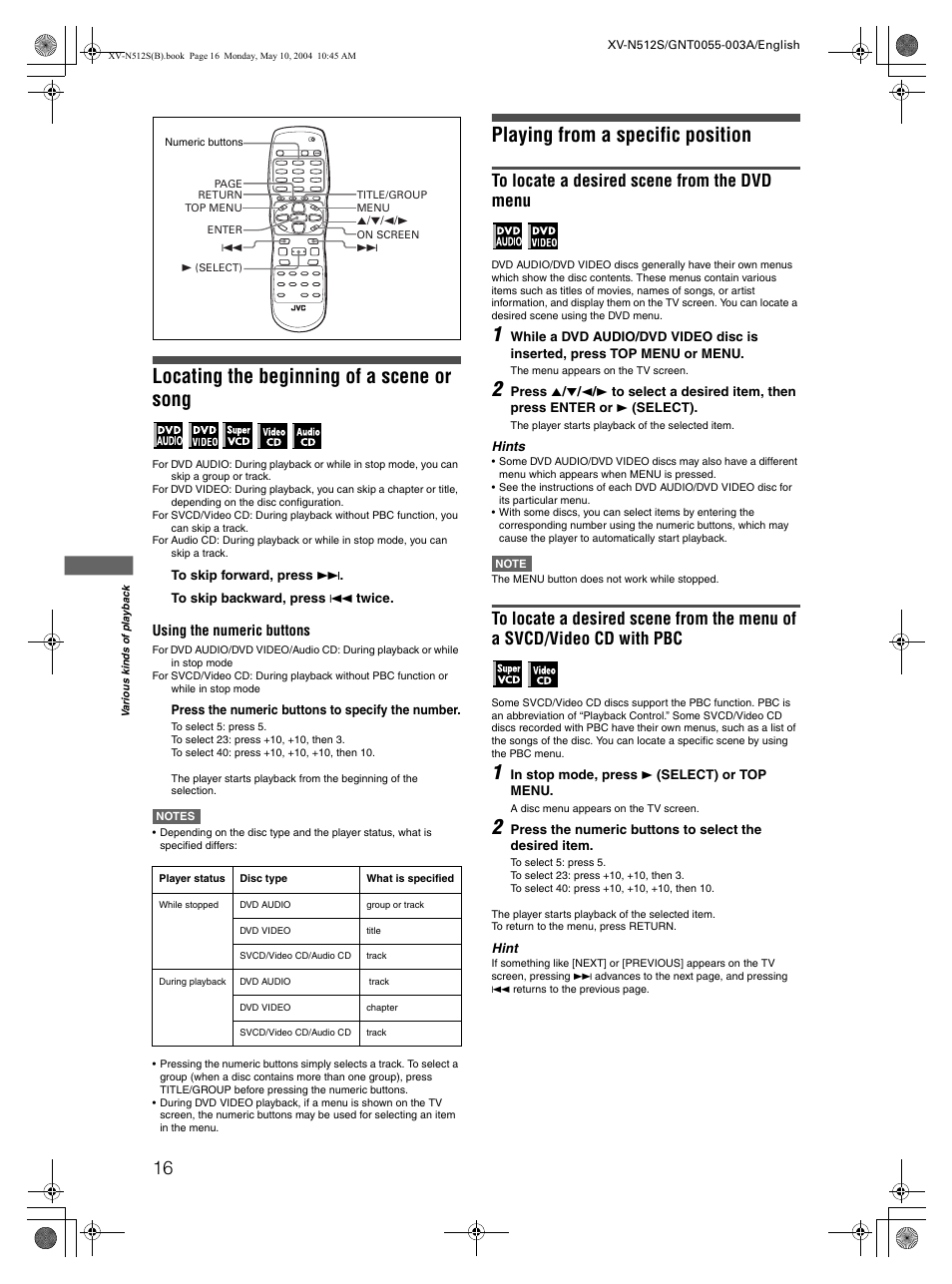 Locating the beginning of a scene or song, Playing from a specific position | JVC XV-N512S User Manual | Page 18 / 47