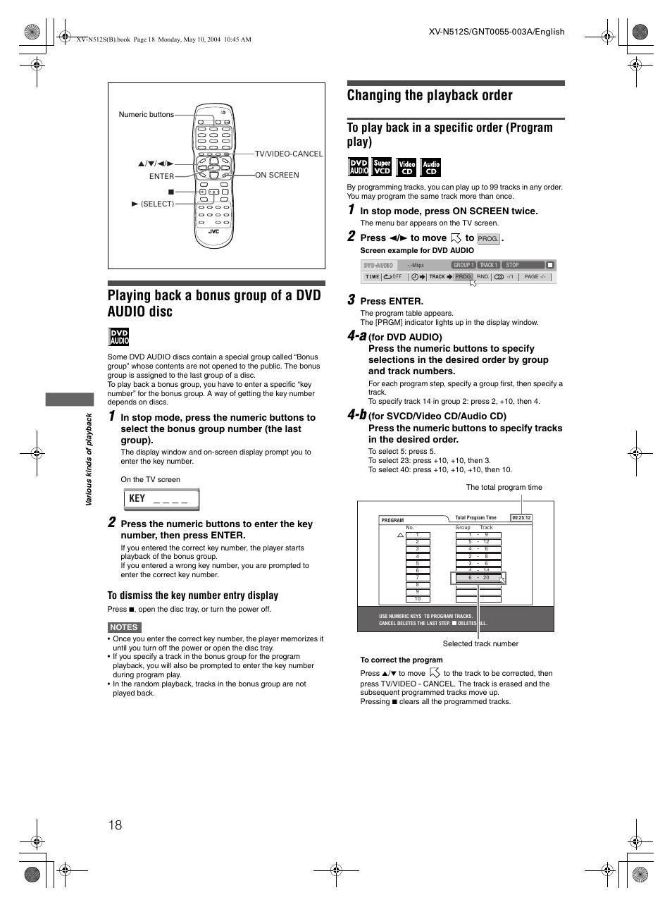 Playing back a bonus group of a dvd audio disc, Changing the playback order | JVC XV-N512S User Manual | Page 20 / 47