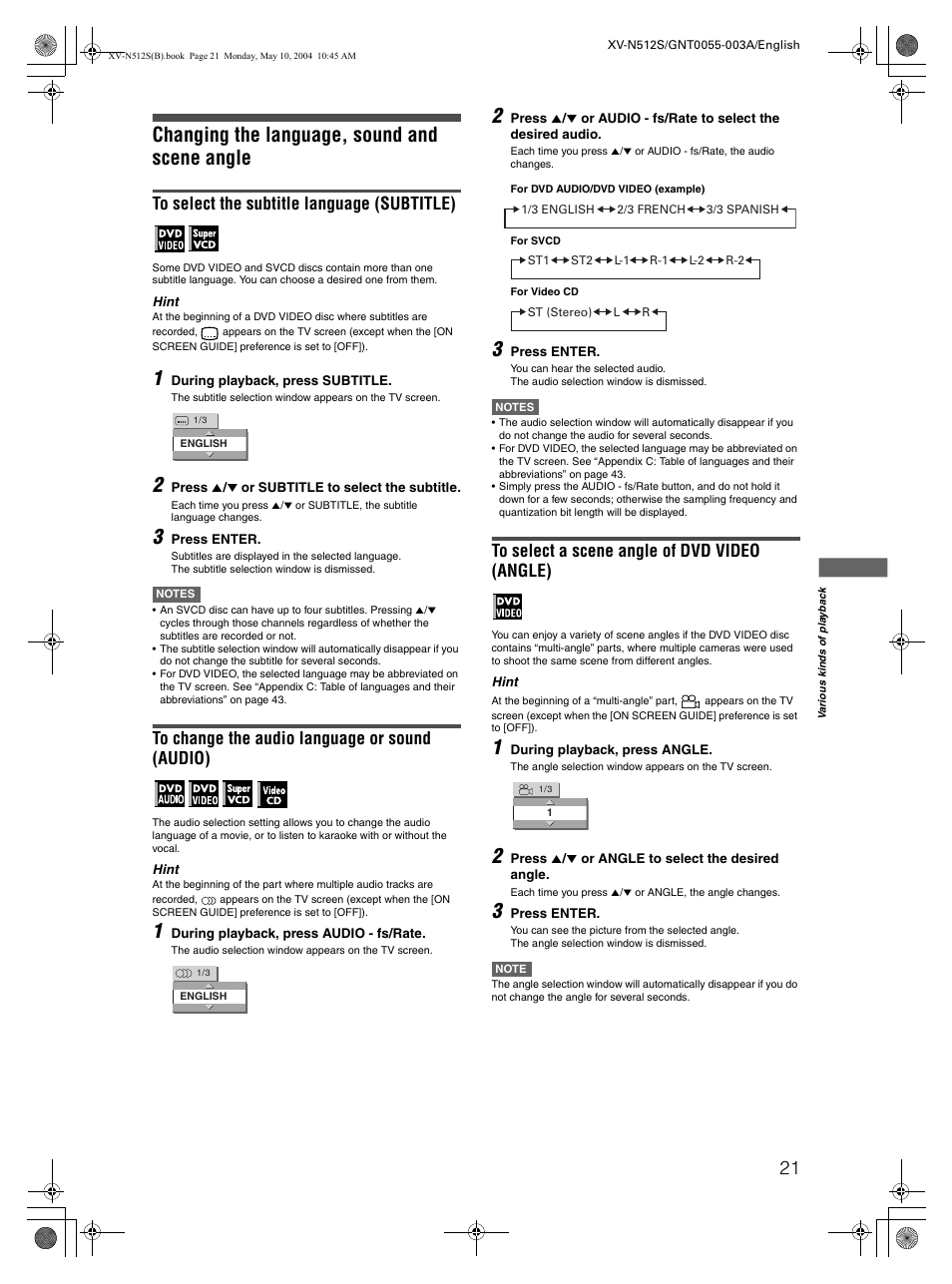 Changing the language, sound and scene angle | JVC XV-N512S User Manual | Page 23 / 47