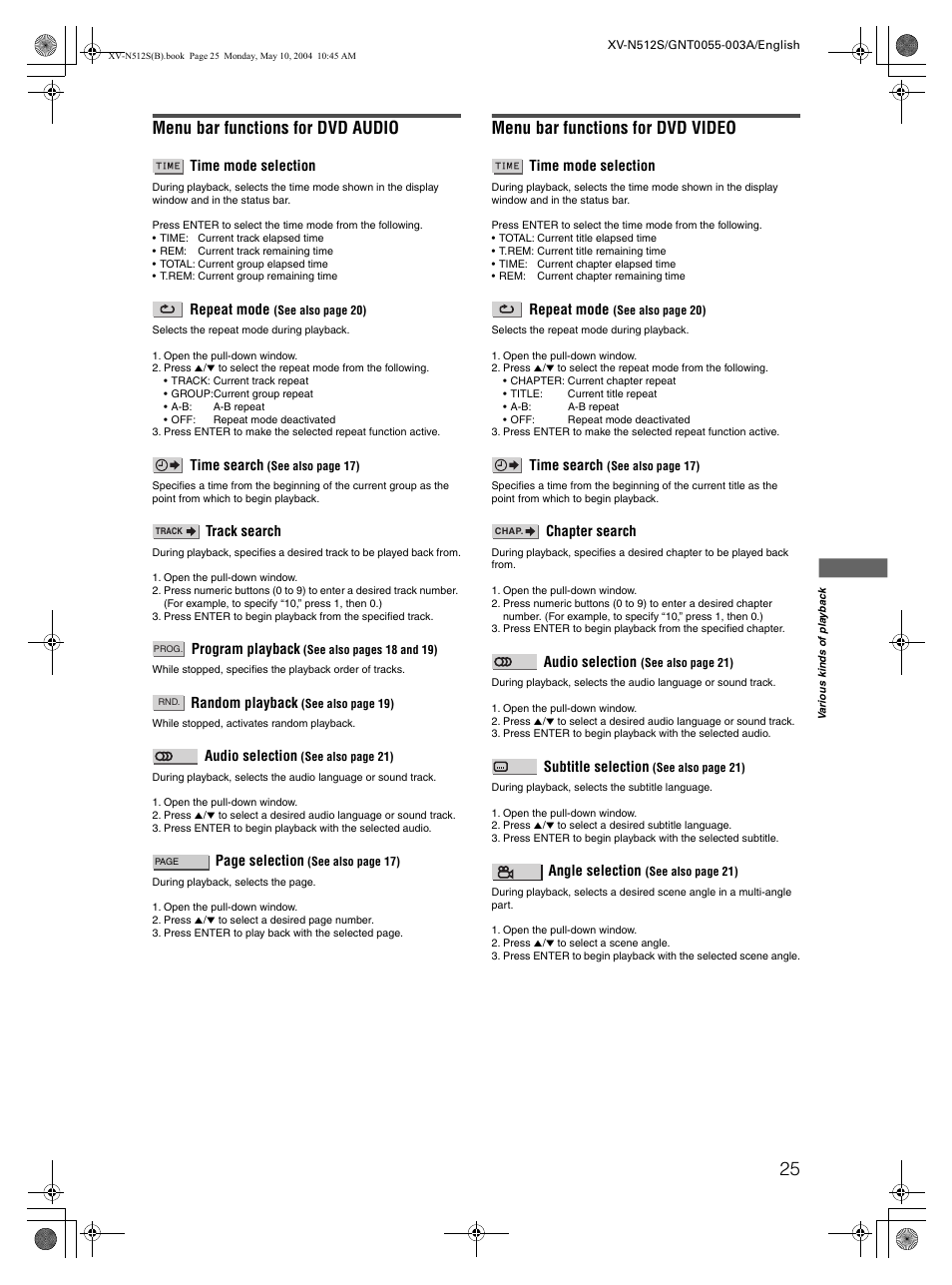 Menu bar functions for dvd audio, Menu bar functions for dvd video | JVC XV-N512S User Manual | Page 27 / 47
