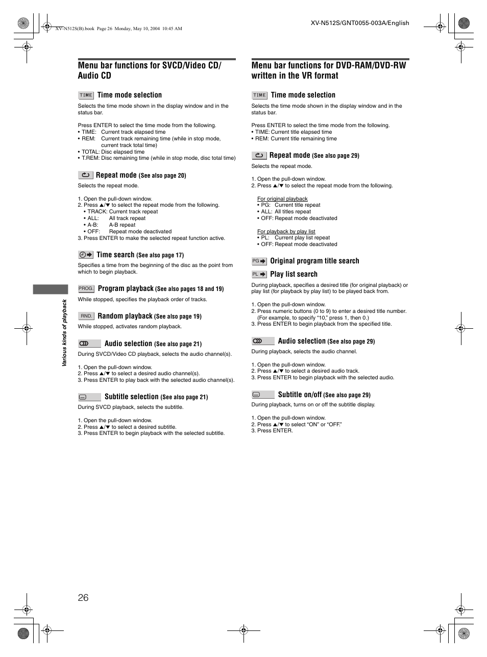 Menu bar functions for svcd/video cd/ audio cd | JVC XV-N512S User Manual | Page 28 / 47