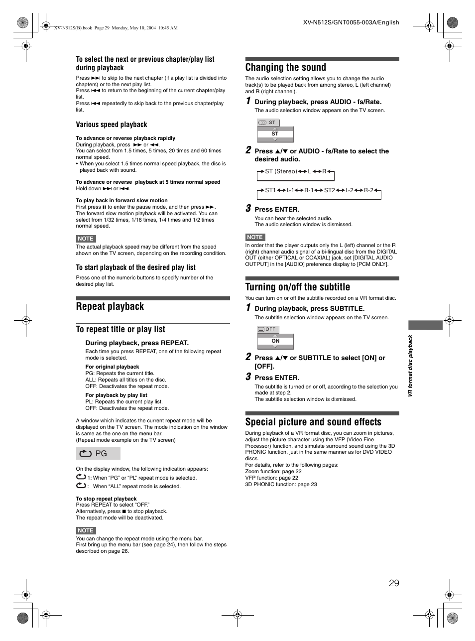 Repeat playback, Changing the sound, Turning on/off the subtitle | Special picture and sound effects | JVC XV-N512S User Manual | Page 31 / 47