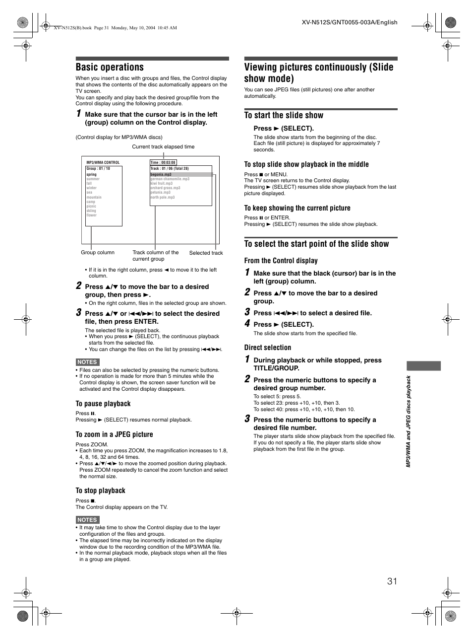 Basic operations, Viewing pictures continuously (slide show mode) | JVC XV-N512S User Manual | Page 33 / 47