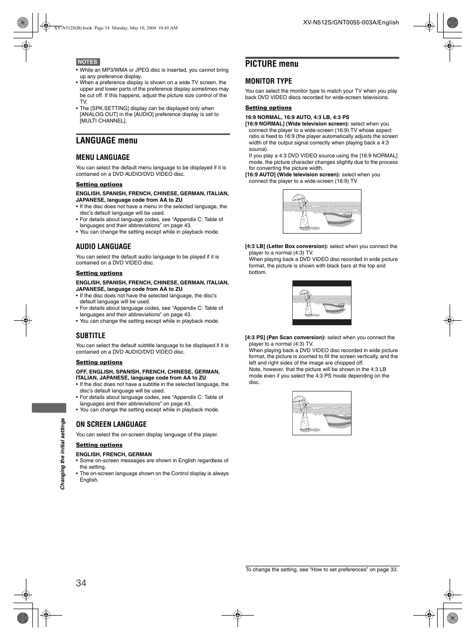 Language menu, Picture menu | JVC XV-N512S User Manual | Page 36 / 47