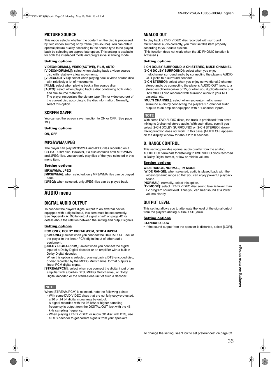Audio menu | JVC XV-N512S User Manual | Page 37 / 47