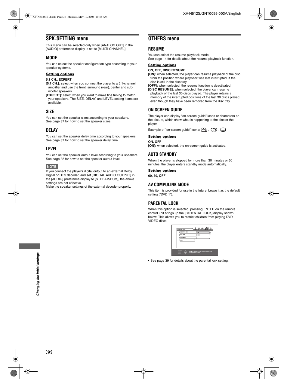 Spk.setting menu, Others menu, Mode | Size, Delay, Level, Resume, On screen guide, Auto standby, Av compulink mode | JVC XV-N512S User Manual | Page 38 / 47