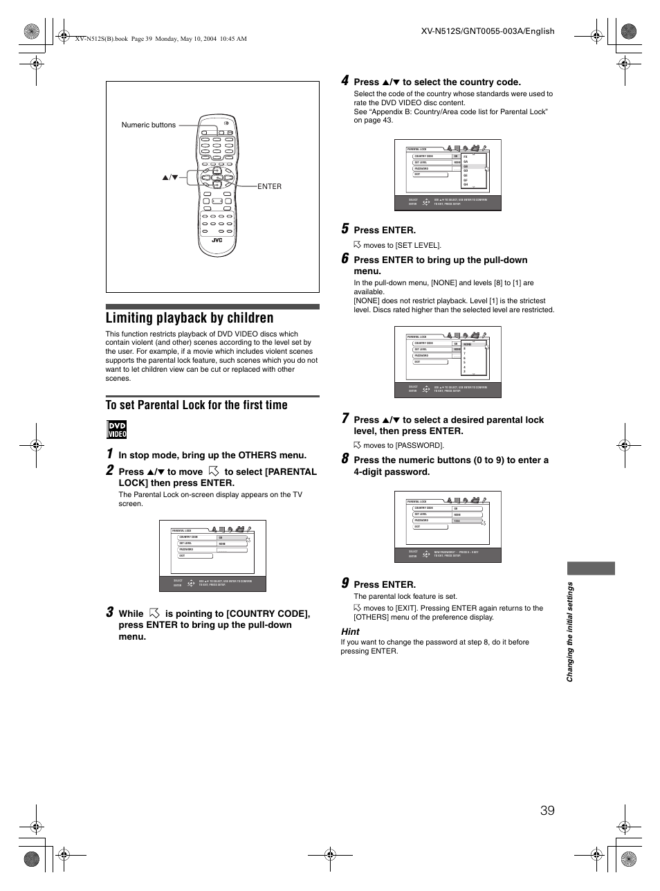 Limiting playback by children, Press 5 / ∞ to select the country code, Press enter | Press enter to bring up the pull-down menu, Hint | JVC XV-N512S User Manual | Page 41 / 47