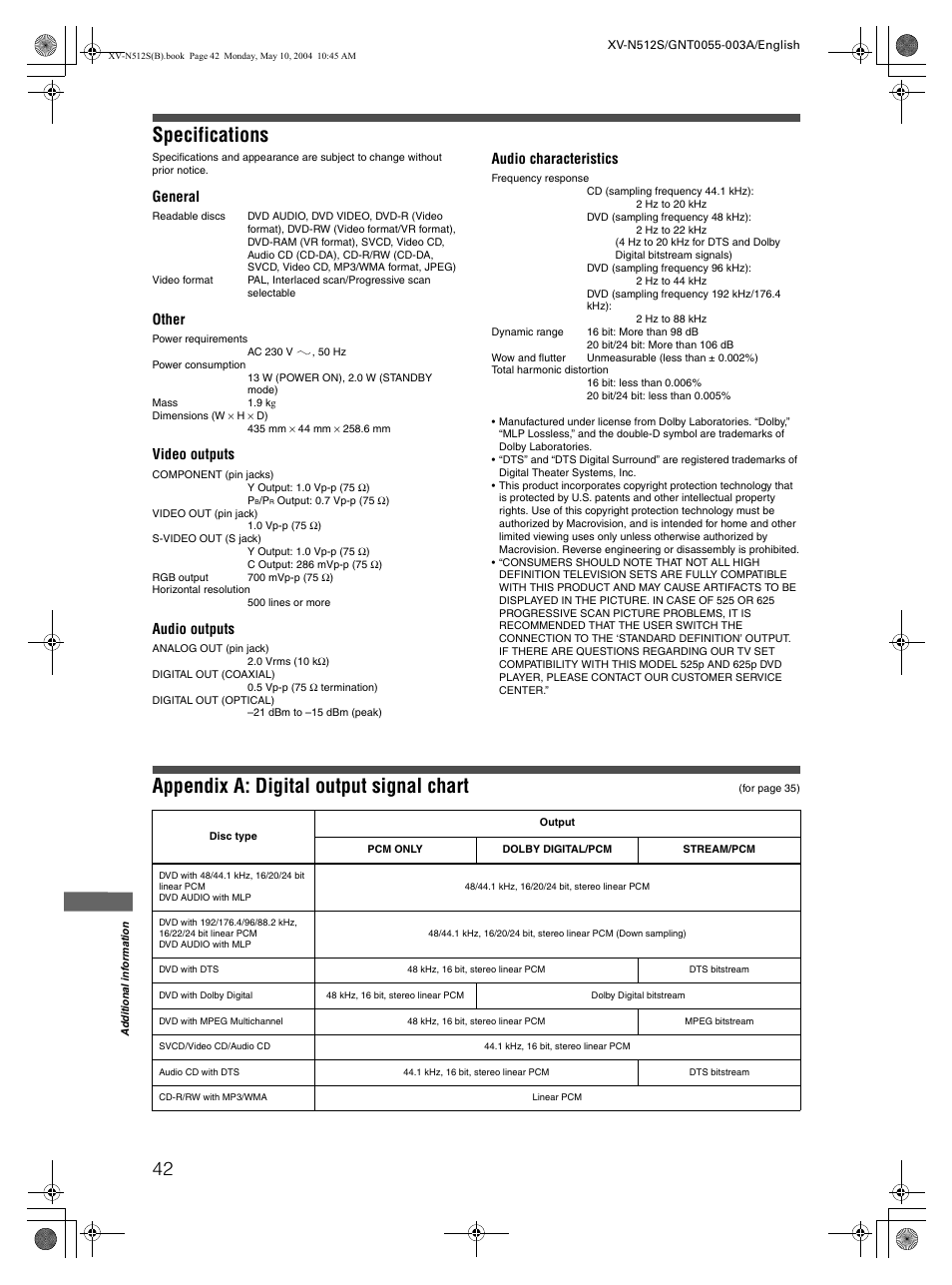 Specifications, Appendix a: digital output signal chart, General | Other, Video outputs, Audio outputs, Audio characteristics | JVC XV-N512S User Manual | Page 44 / 47