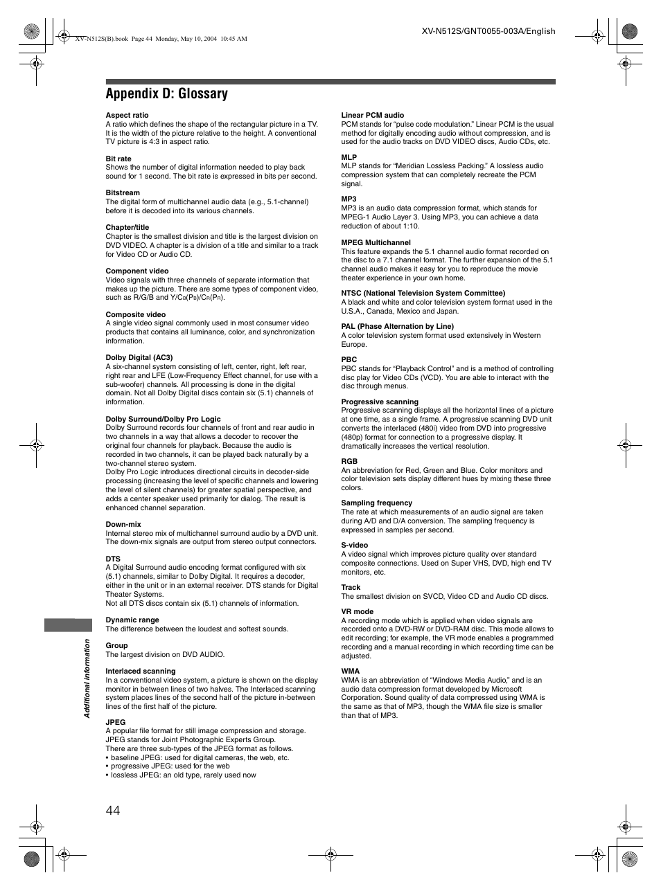 Appendix d: glossary | JVC XV-N512S User Manual | Page 46 / 47
