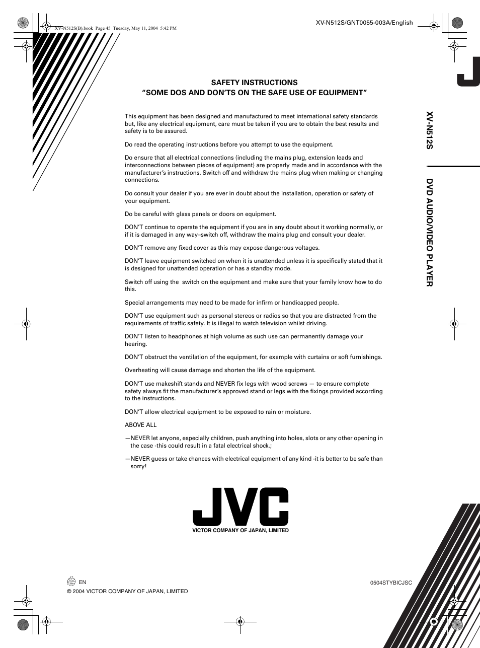 Back, Xv-n512s dvd audi o/video player | JVC XV-N512S User Manual | Page 47 / 47