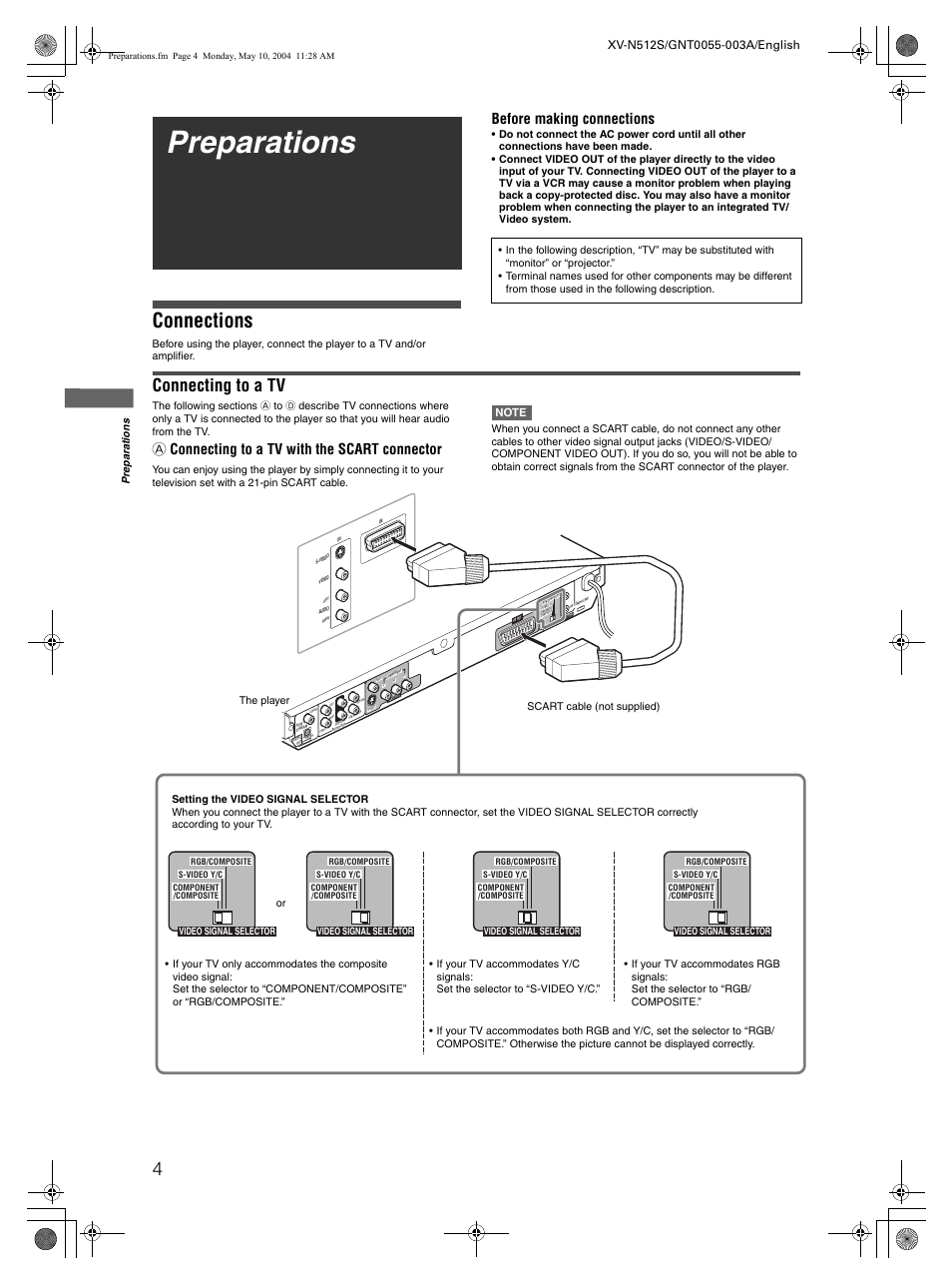 Preparations, Connections, Connecting to a tv | Before making connections, A connecting to a tv with the scart connector | JVC XV-N512S User Manual | Page 6 / 47