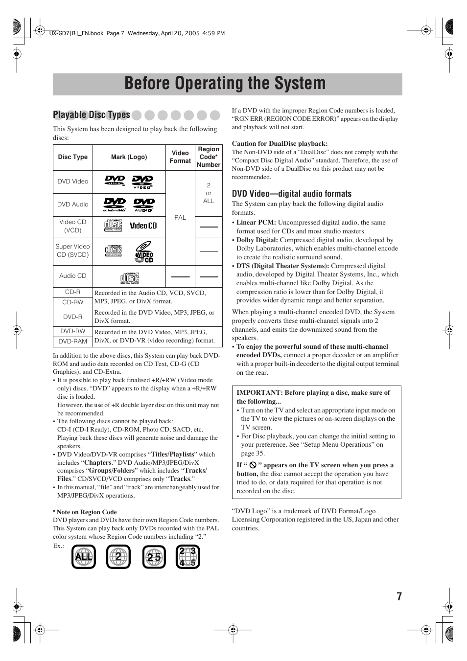 Before operating the system, Playable disc types | JVC SP-UXGD7 User Manual | Page 11 / 52