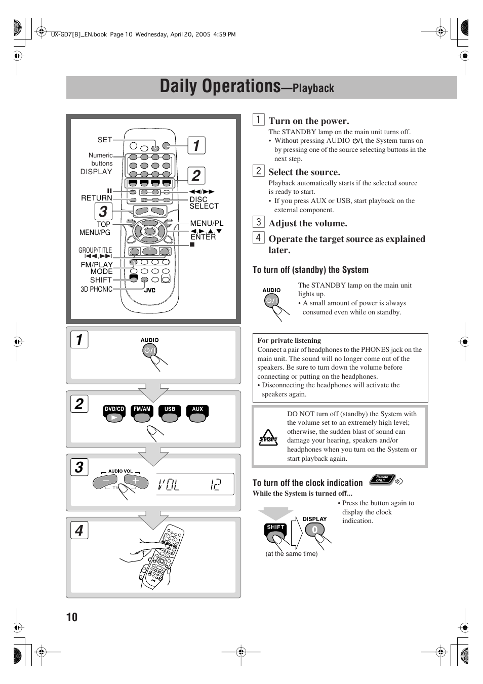 Daily operations —playback, Daily operations, Playback | JVC SP-UXGD7 User Manual | Page 14 / 52