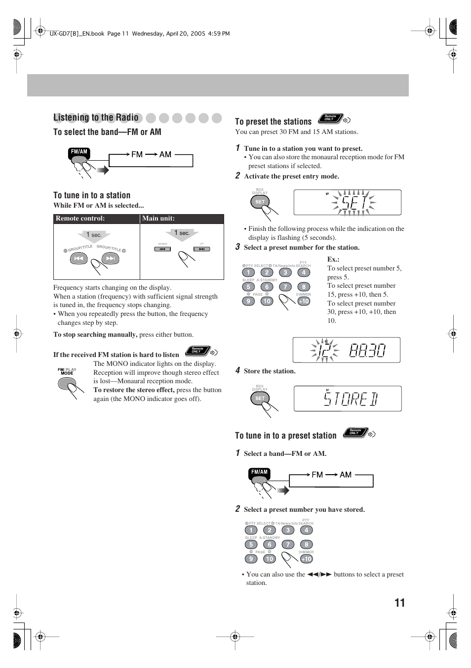 Listening to the radio | JVC SP-UXGD7 User Manual | Page 15 / 52