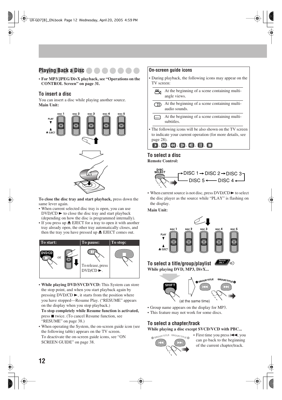 Playing back a disc | JVC SP-UXGD7 User Manual | Page 16 / 52