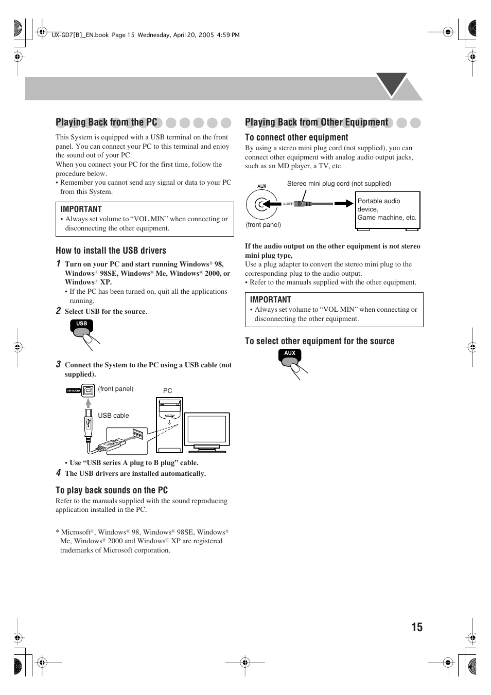 Playing back from the pc, Playing back from other equipment | JVC SP-UXGD7 User Manual | Page 19 / 52