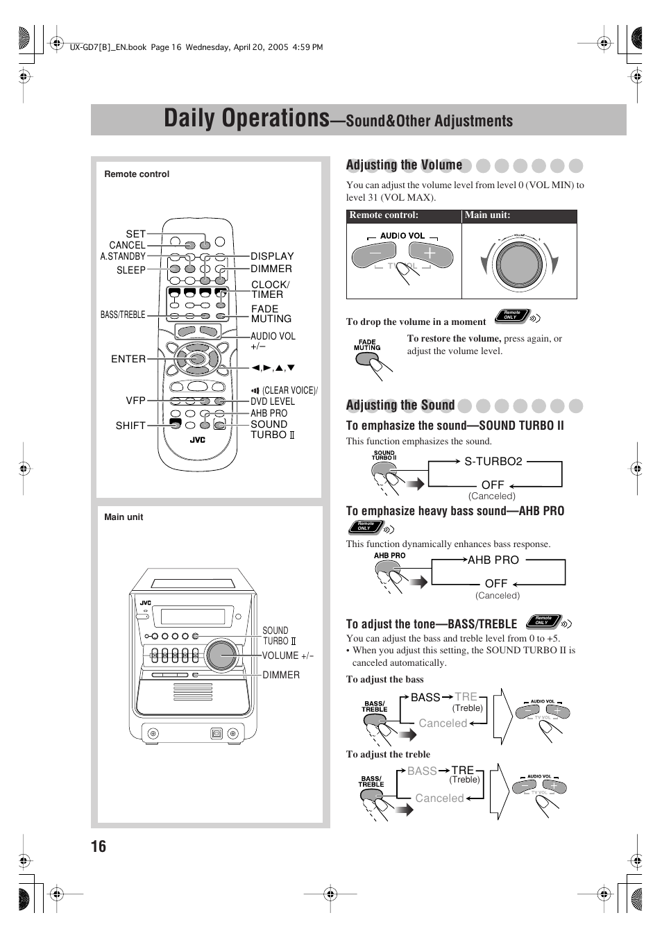 Daily operations —sound&other adjustments, Daily operations, Sound&other adjustments | Adjusting the volume, Adjusting the sound | JVC SP-UXGD7 User Manual | Page 20 / 52