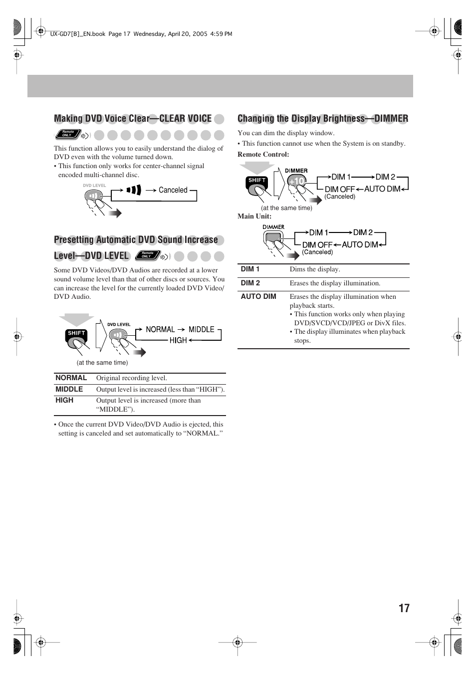 Making dvd voice clear—clear voice, Changing the display brightness—dimmer | JVC SP-UXGD7 User Manual | Page 21 / 52