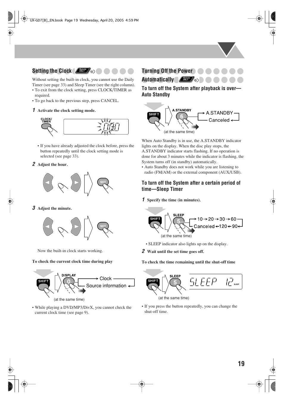 Setting the clock, Turning off the power automatically | JVC SP-UXGD7 User Manual | Page 23 / 52