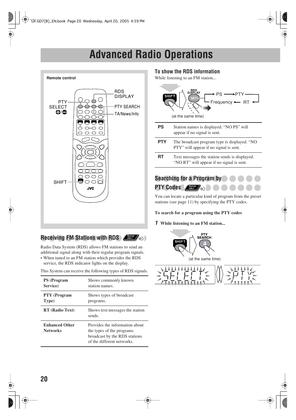 Advanced radio operations, Receiving fm stations with rds, Searching for a program by pty codes | JVC SP-UXGD7 User Manual | Page 24 / 52