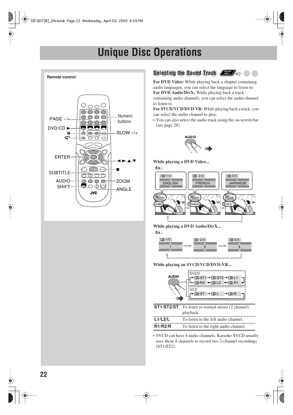 Unique disc operations, Selecting the sound track | JVC SP-UXGD7 User Manual | Page 26 / 52