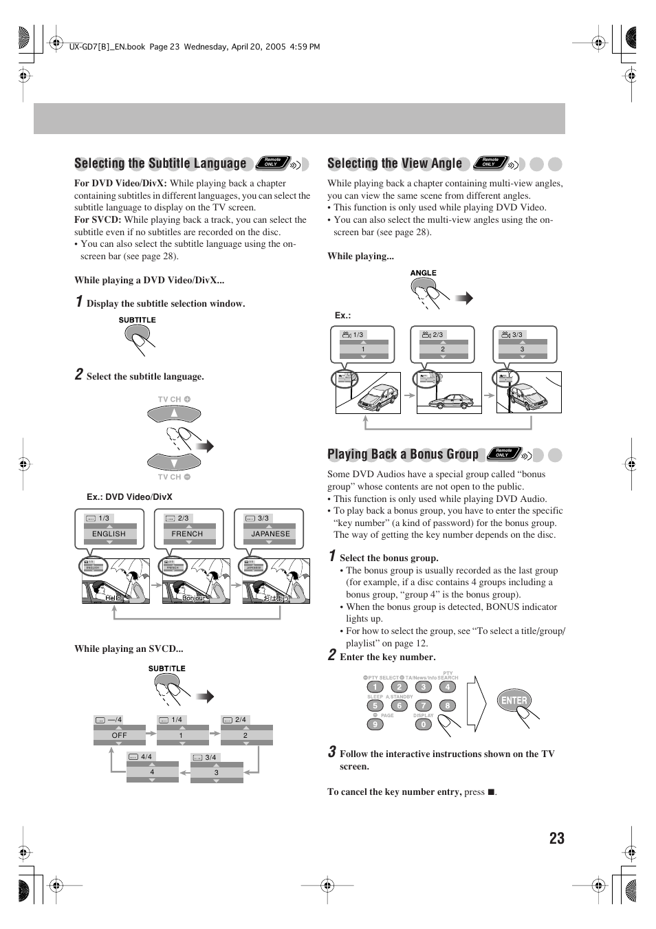 Selecting the subtitle language, Selecting the view angle, Playing back a bonus group | JVC SP-UXGD7 User Manual | Page 27 / 52