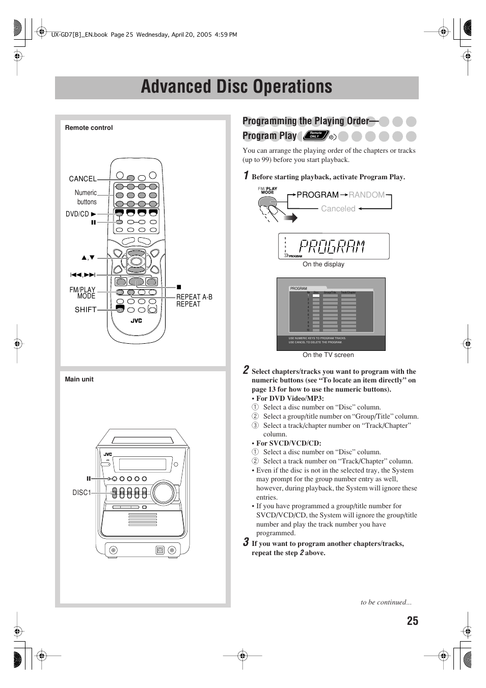 Advanced disc operations, Programming the playing order— program play | JVC SP-UXGD7 User Manual | Page 29 / 52