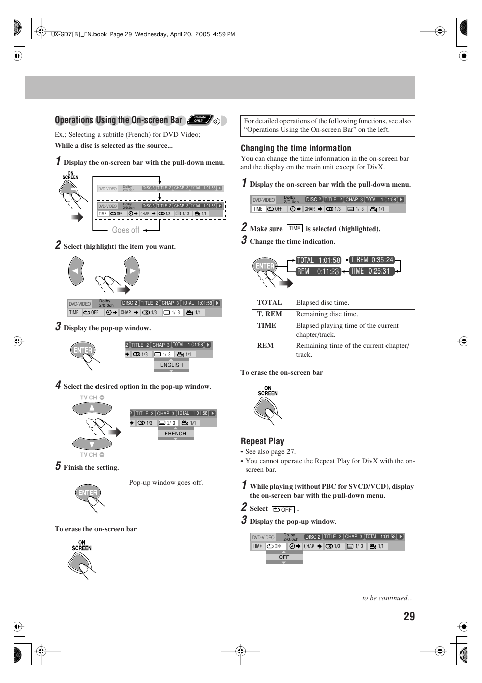 Operations using the on-screen bar, Changing the time information, Repeat play | Goes off | JVC SP-UXGD7 User Manual | Page 33 / 52