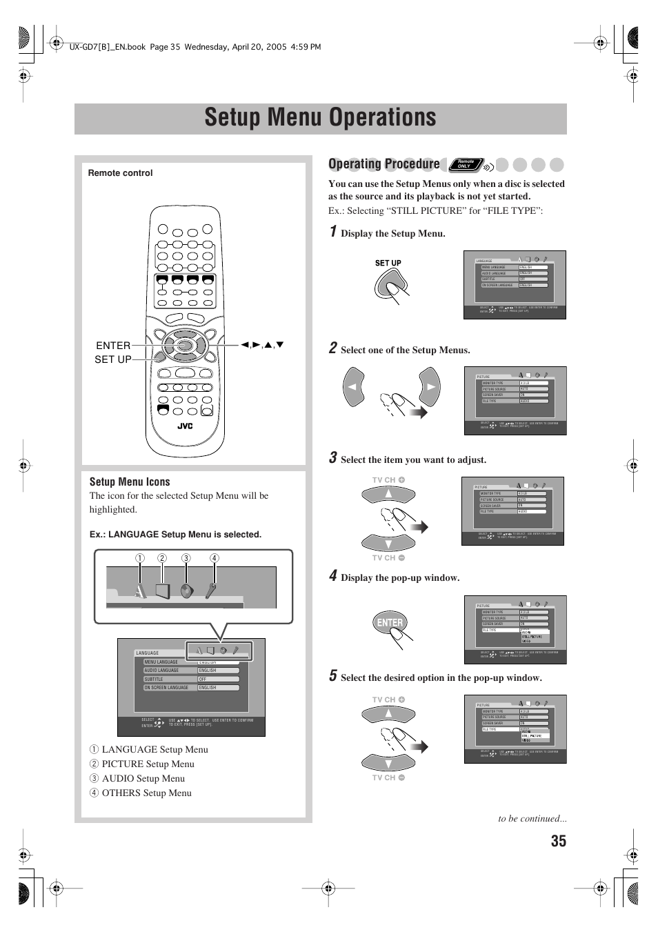 Setup menu operations, Operating procedure, Setup menu icons | Display the setup menu, Select one of the setup menus, Select the item you want to adjust, Display the pop-up window | JVC SP-UXGD7 User Manual | Page 39 / 52