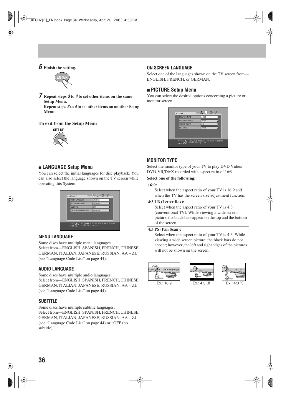 Language setup menu, Picture setup menu | JVC SP-UXGD7 User Manual | Page 40 / 52