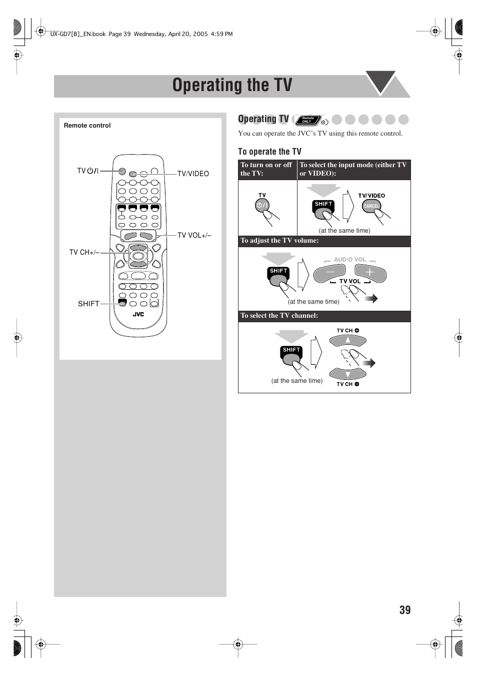 Operating the tv | JVC SP-UXGD7 User Manual | Page 43 / 52