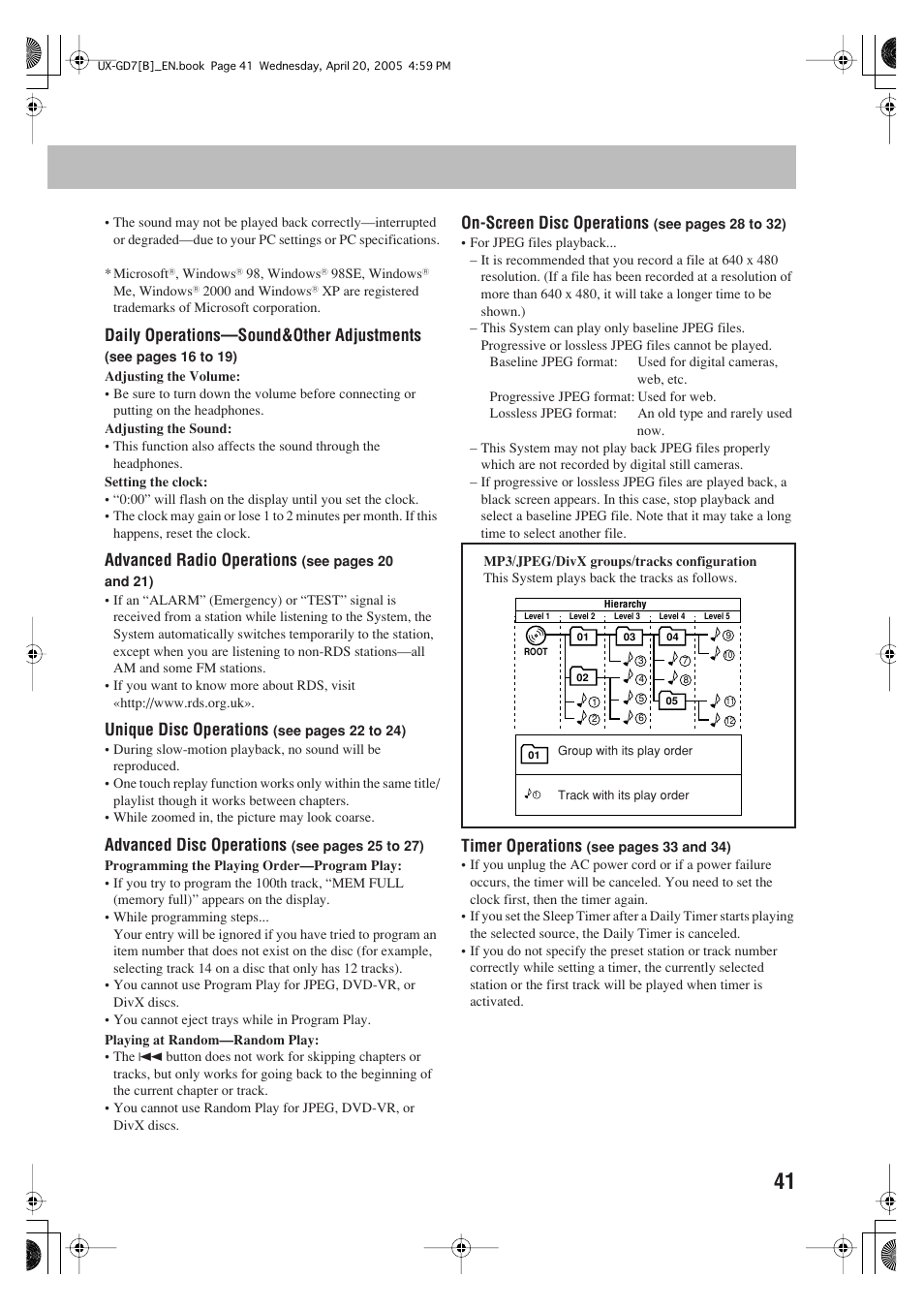 Daily operations—sound&other adjustments, Advanced radio operations, Unique disc operations | Advanced disc operations, On-screen disc operations, Timer operations | JVC SP-UXGD7 User Manual | Page 45 / 52