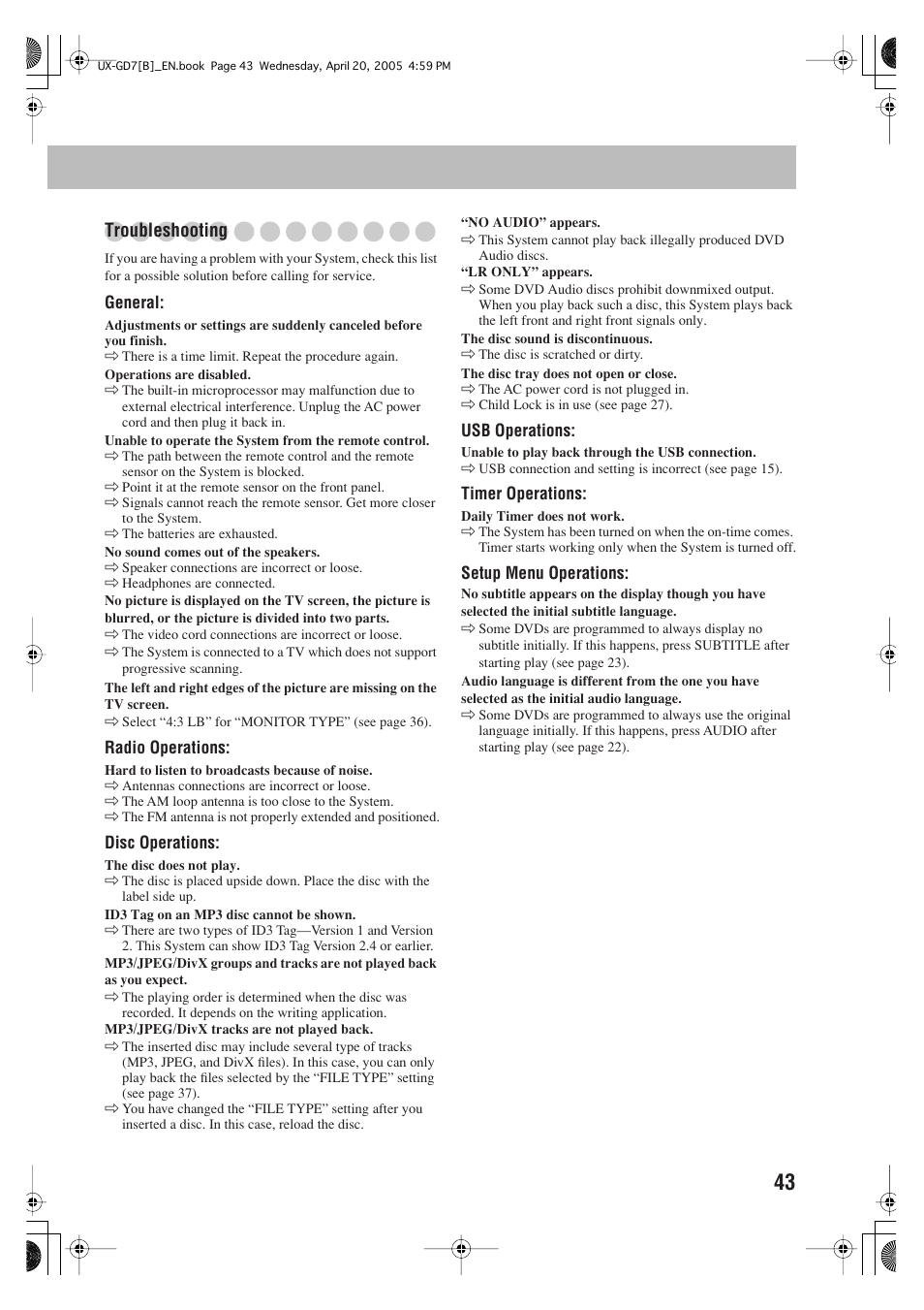 Troubleshooting | JVC SP-UXGD7 User Manual | Page 47 / 52