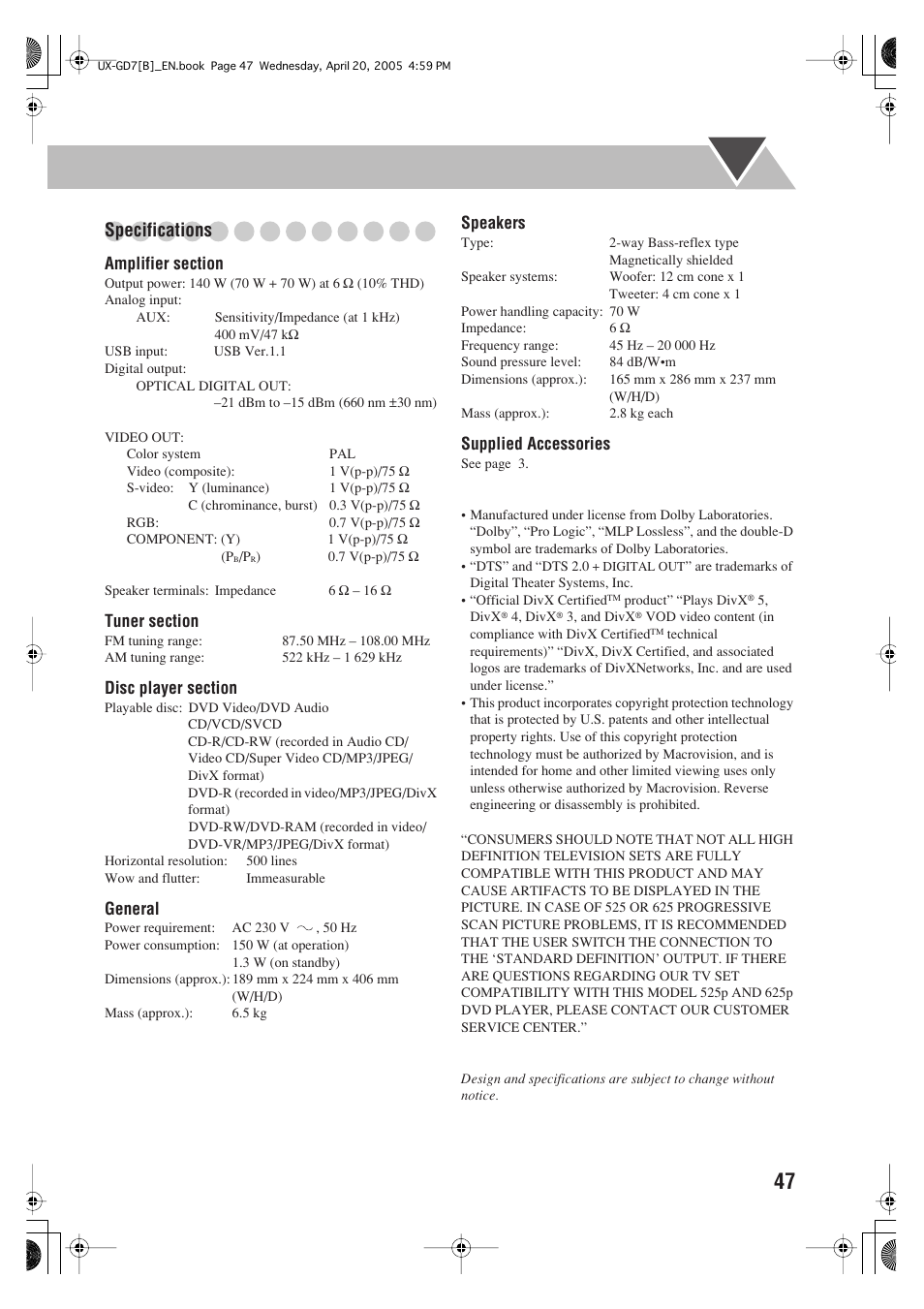 Specifications | JVC SP-UXGD7 User Manual | Page 51 / 52