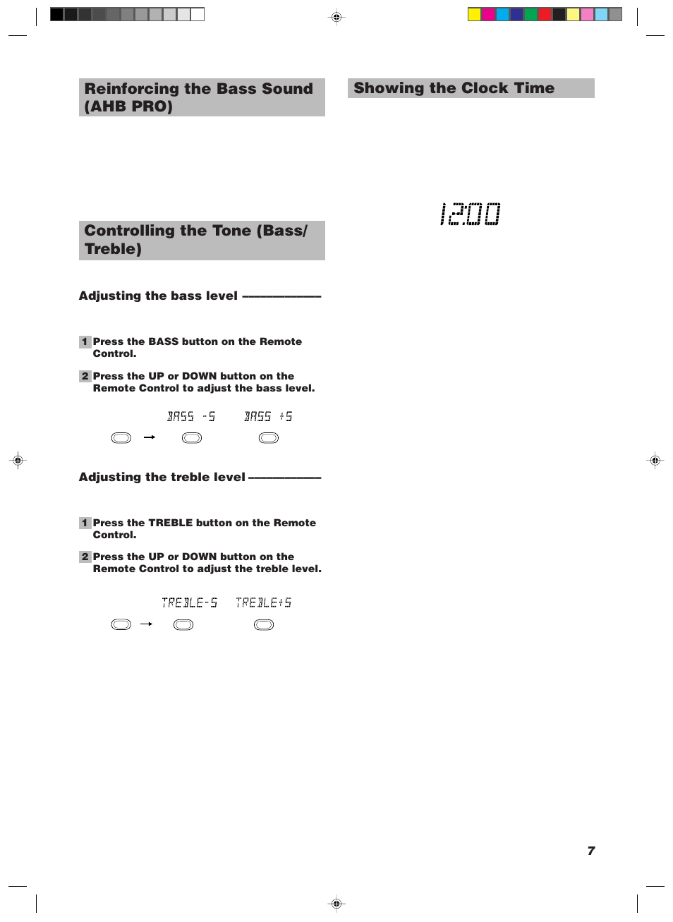 Showing the clock time, Reinforcing the bass sound (ahb pro), Controlling the tone (bass/ treble) | Adjusting the bass level, Adjusting the treble level | JVC 20981IEN User Manual | Page 11 / 27