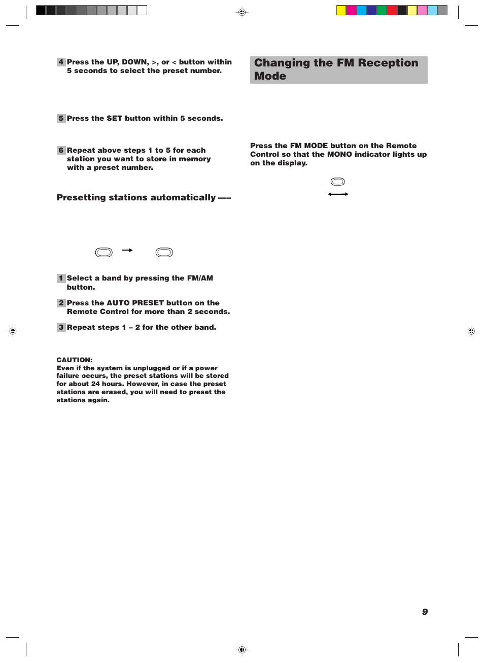 Changing the fm reception mode, Presetting stations automatically | JVC 20981IEN User Manual | Page 13 / 27