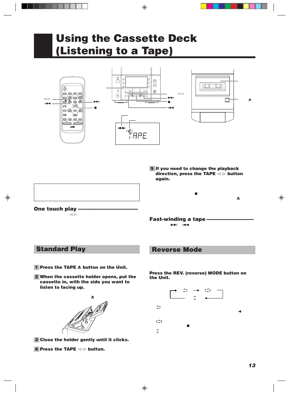 Using the cassette deck, Using the cassette deck (listening to a tape), Standard play | Reverse mode, One touch play, Fast-winding a tape, Down up multi control, Aux rec rev mode ahb pro timer clock, Open/close, Press the rev. (reverse) mode button on the unit | JVC 20981IEN User Manual | Page 17 / 27