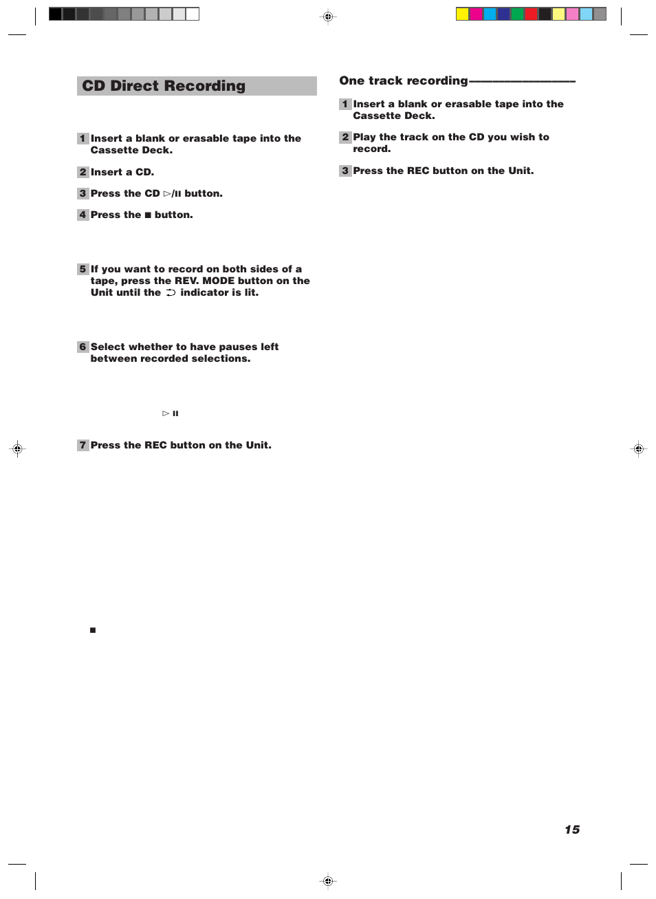 Cd direct recording, 15 one track recording | JVC 20981IEN User Manual | Page 19 / 27