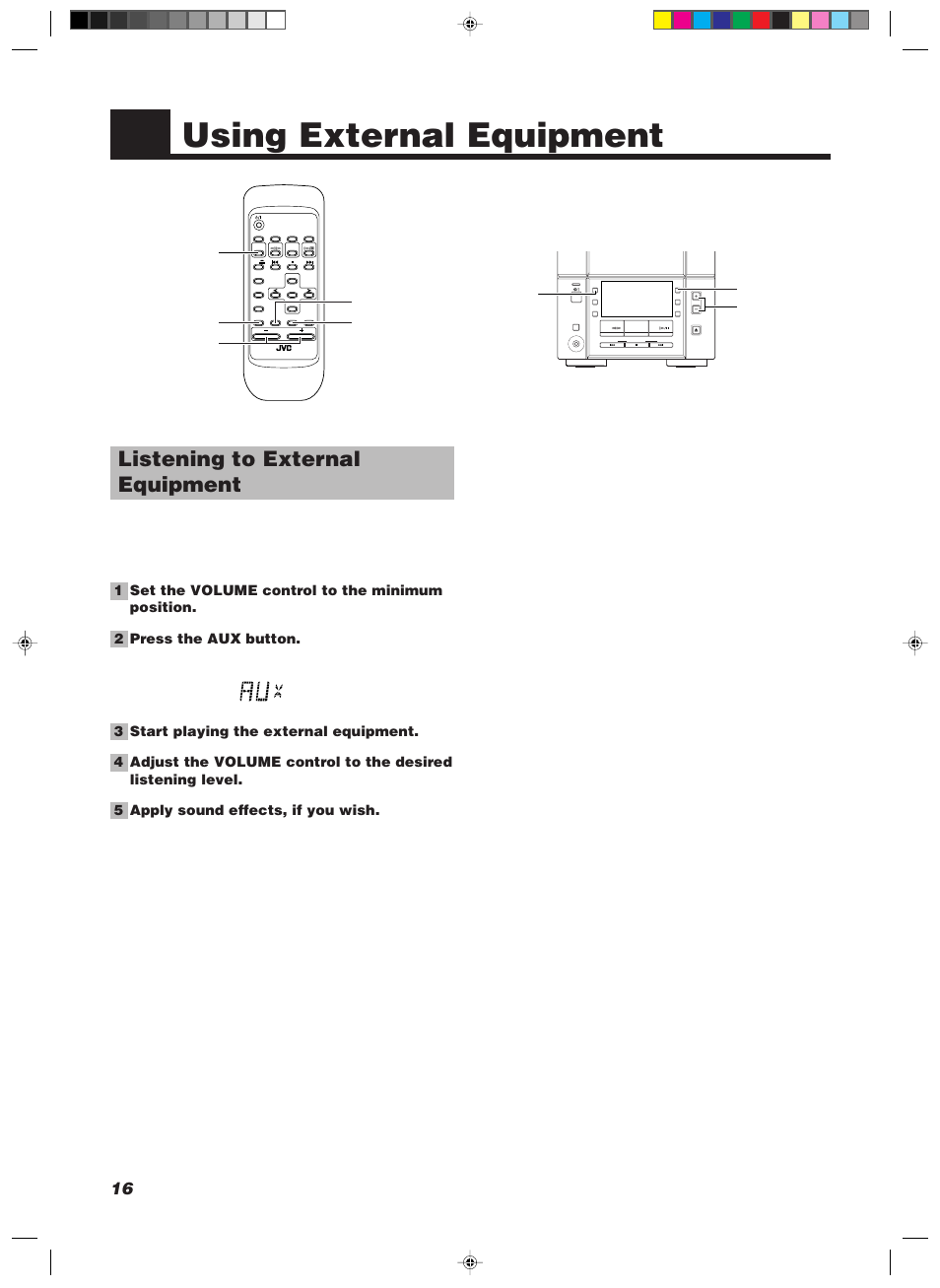 Using external equipment, Listening to external equipment, Down up multi control | Aux rec rev mode ahb pro timer clock, Open/close | JVC 20981IEN User Manual | Page 20 / 27