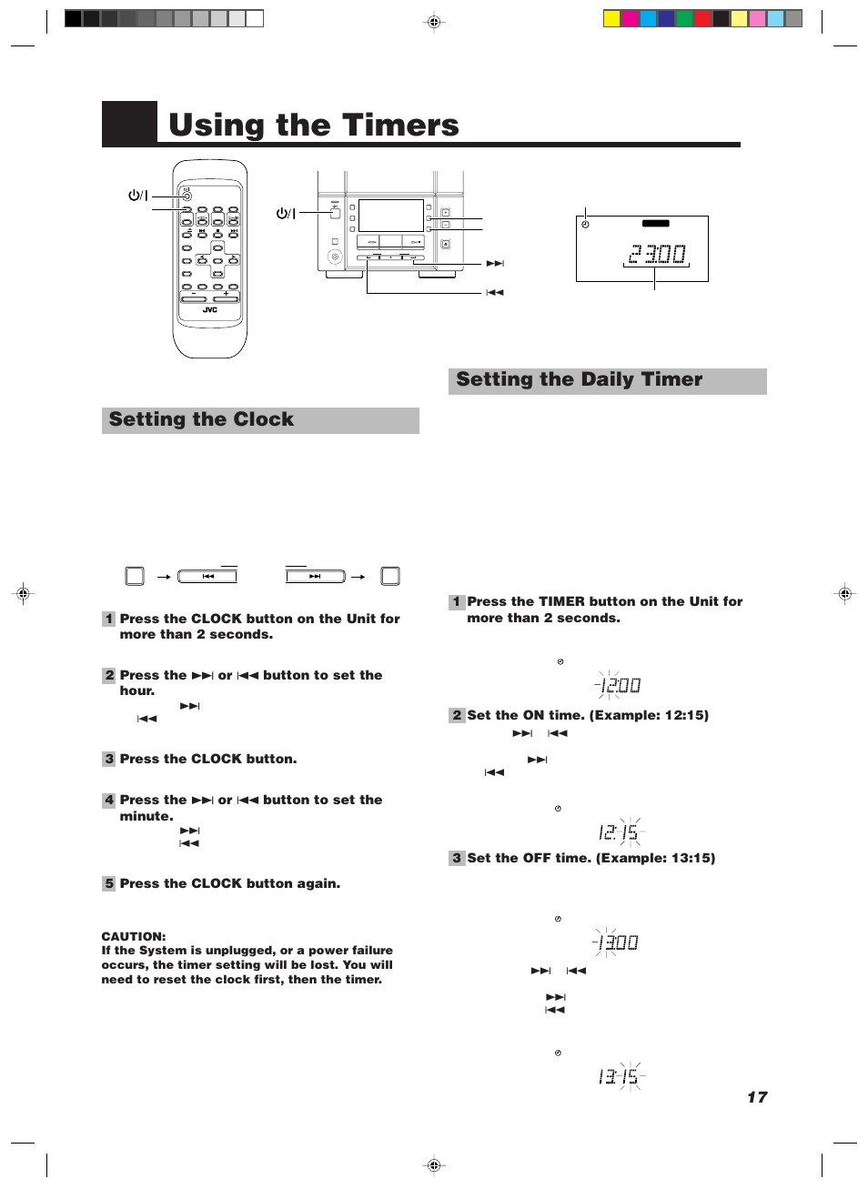 Using the timers, Setting the clock, Setting the daily timer | 2 press the ¢ or 4 button to set the hour, 3 press the clock button, 4 press the ¢ or 4 button to set the minute, 5 press the clock button again, Down up multi control, Aux rec rev mode ahb pro timer clock, Open/close | JVC 20981IEN User Manual | Page 21 / 27