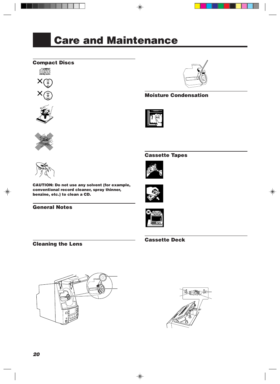 Care and maintenance, Moisture condensation, Cassette tapes | Cassette deck, Compact discs, Cleaning the lens | JVC 20981IEN User Manual | Page 24 / 27