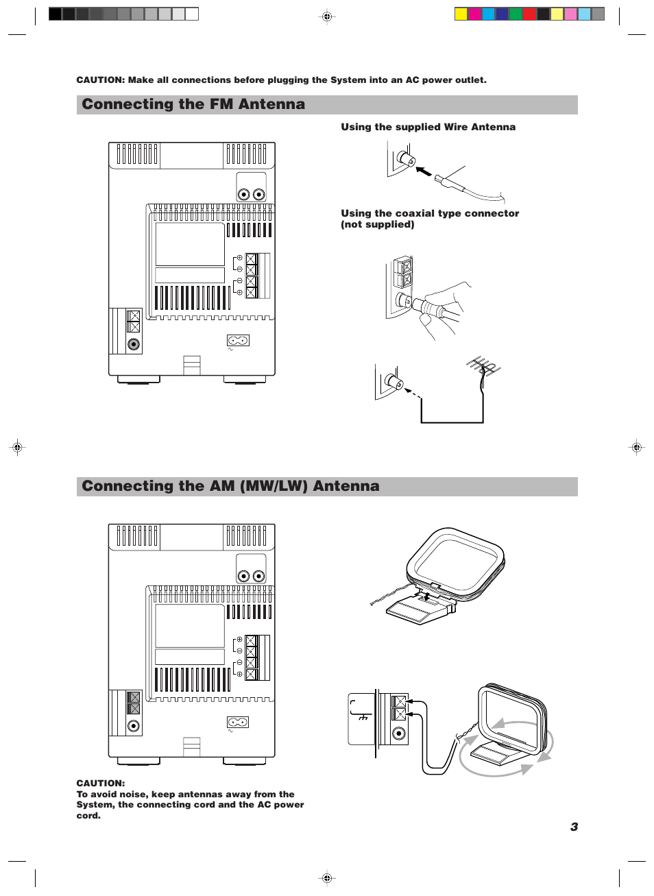 Connecting the fm antenna, Connecting the am (mw/lw) antenna | JVC 20981IEN User Manual | Page 7 / 27