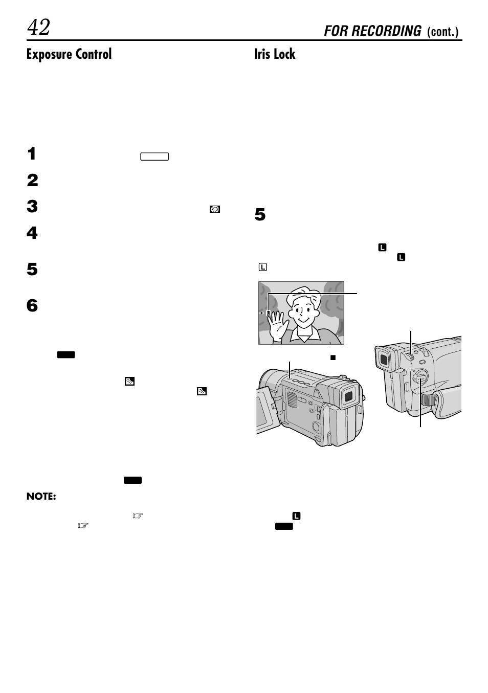 Exposure control, Iris lock, For recording | JVC GR-DVL522 User Manual | Page 42 / 88