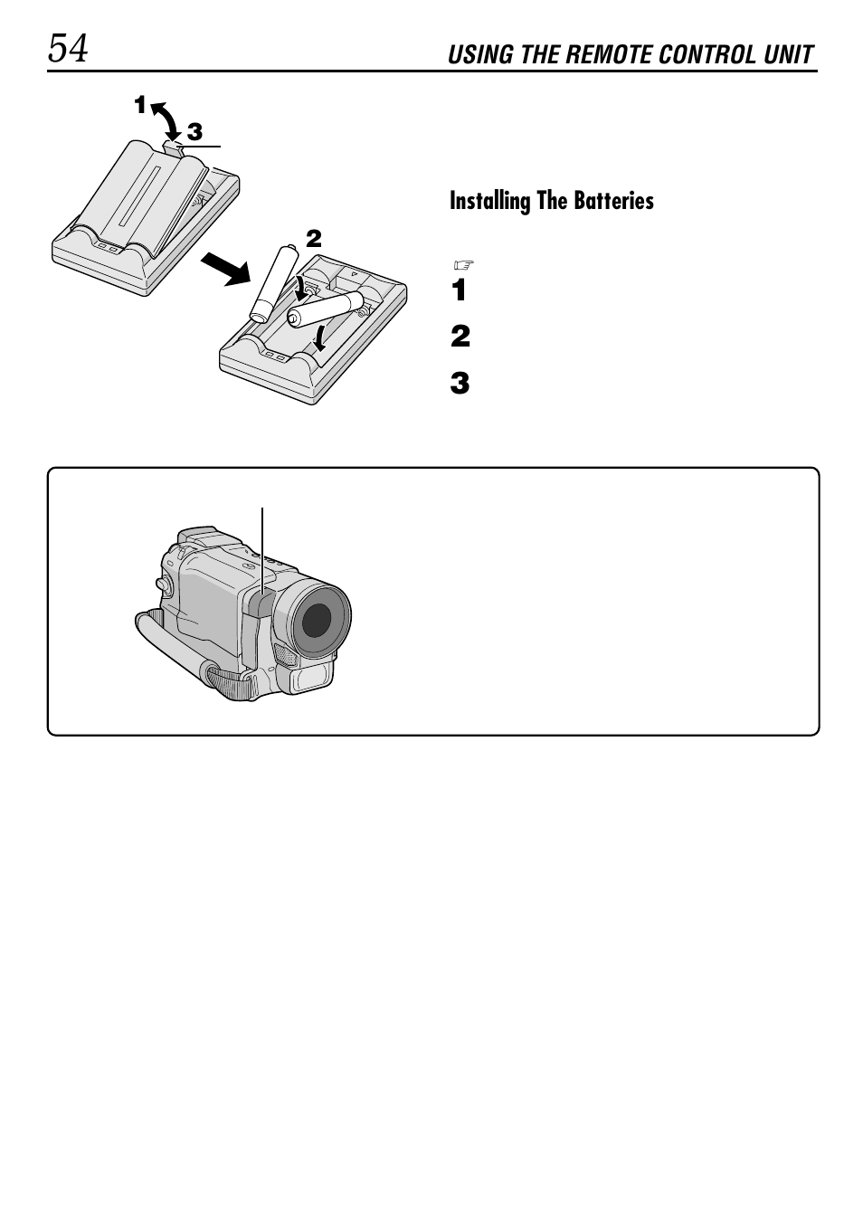 Using the remote control unit, Installing the batteries | JVC GR-DVL522 User Manual | Page 54 / 88