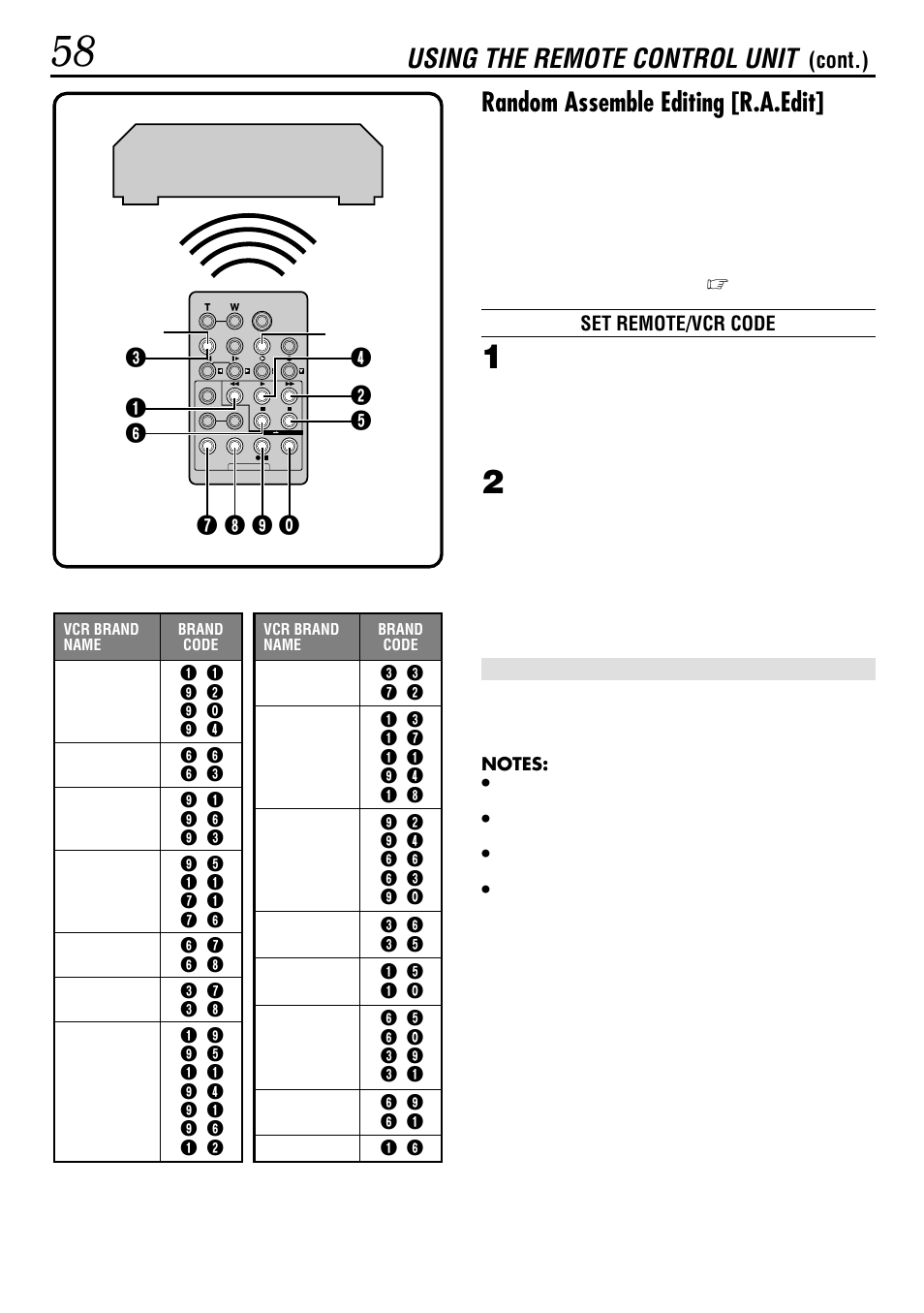 Random assemble editing [r.a.edit, Using the remote control unit, Cont.) | JVC GR-DVL522 User Manual | Page 58 / 88