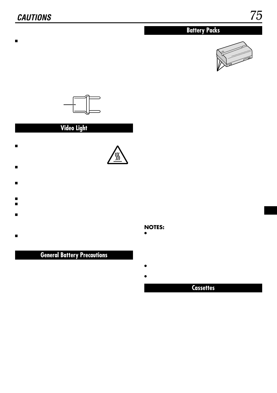 Cautions, Video light, General battery precautions | Battery packs, Cassettes | JVC GR-DVL522 User Manual | Page 75 / 88