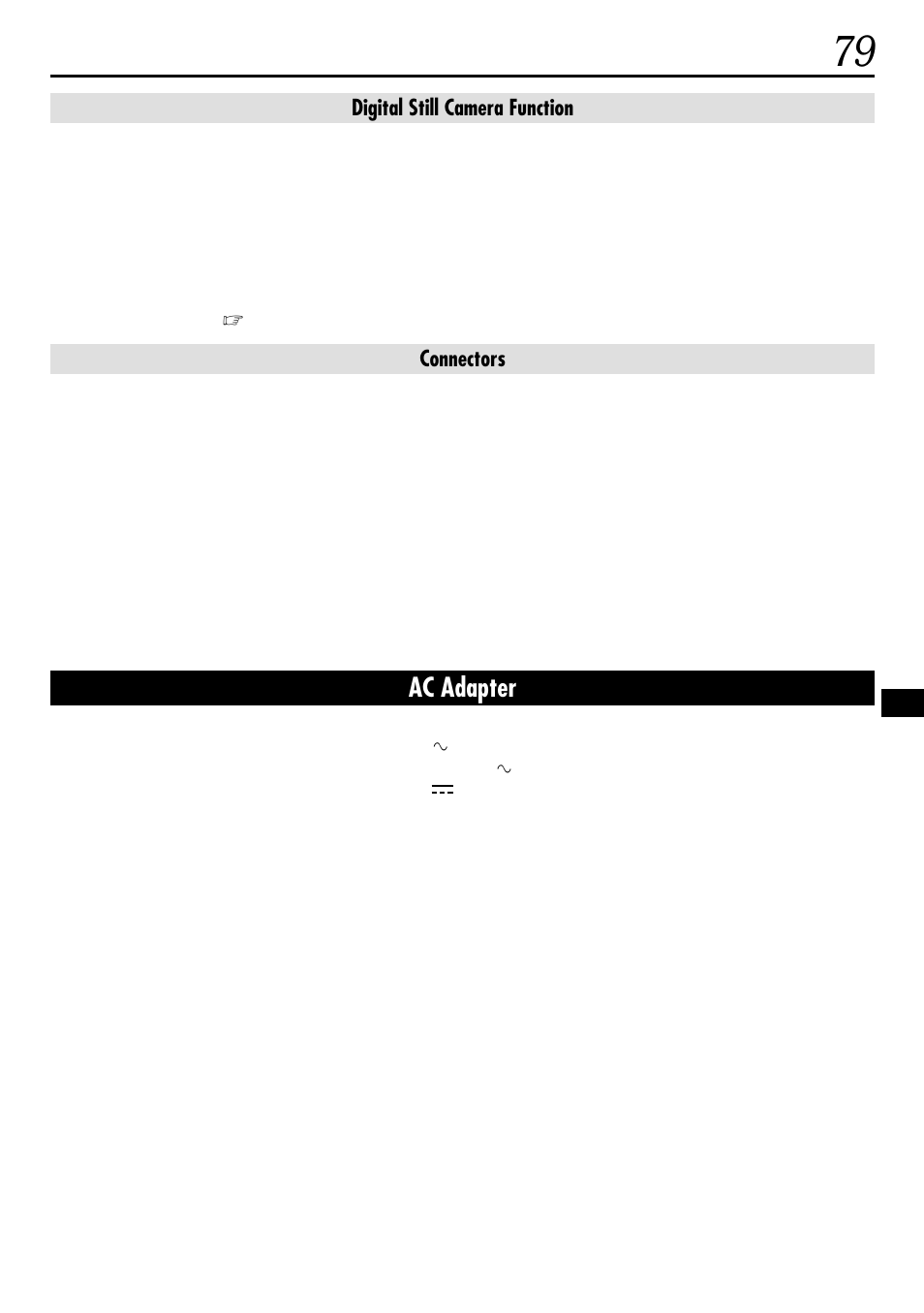 Ac adapter, Digital still camera function, Connectors | JVC GR-DVL522 User Manual | Page 79 / 88